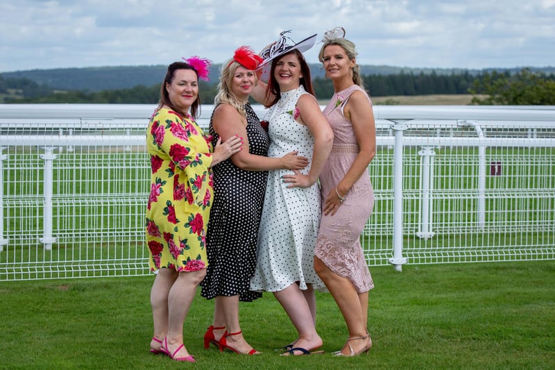 Ladies Day at Qatar Goodwood Festival, Goodwood on 29th July 2021
Pictured:  Kim Heywood, Clare Hooker, Natalie Dobson and Cheryl Sparks
Picture: Habibur Rahman