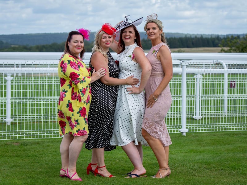 Ladies Day at Qatar Goodwood Festival, Goodwood on 29th July 2021
Pictured:  Kim Heywood, Clare Hooker, Natalie Dobson and Cheryl Sparks
Picture: Habibur Rahman