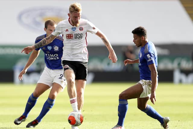 Sheffield United's Oli McBurnie in action against Leicester City. (David Davies/Pool via AP)