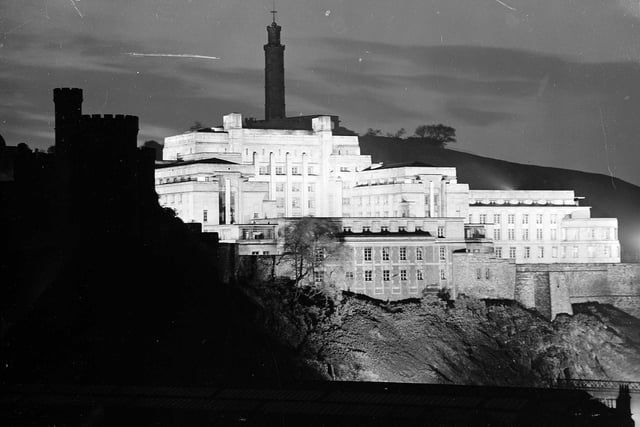 A floodlit St Andrew's House, on Calton Hill, in 1950.