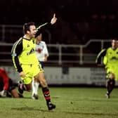 Shaun Derry of Sheffield United celebrates his extra time goal during the FA Cup Third Round Replay against Rushden and Diamonds: Mark Thompson /Allsport