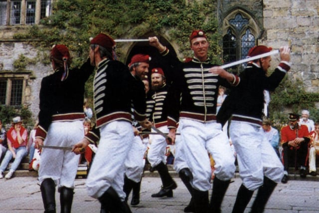 Handsworth Traditional sword dancers from Sheffield, Pictured here at Haddon Hall, Derbyshire in 1999.  Their Dance is one of the oldest surviving longsword traditions in England.