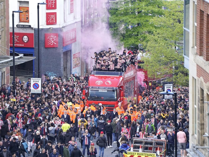 Sheffield United's players celebrate their promotion to the Premier League