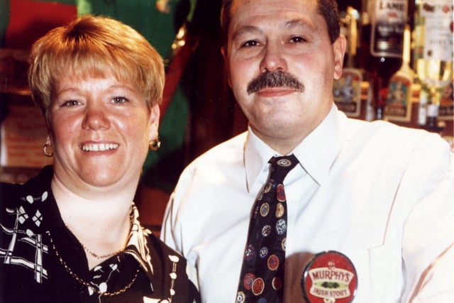Landlord and landlady Ken and Sharon Fletcher of the Tap & Spile public house on Waingate, Sheffield, January 1996.  The pub was previously the Bull & Mouth and also known as the Tap & Barrel