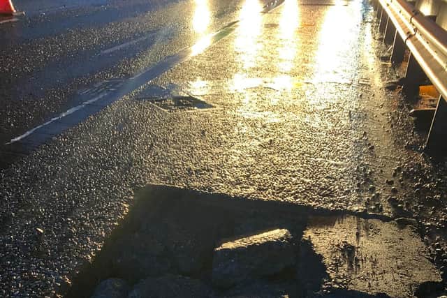 A huge pothole on the A1(M) in South Yorkshire (pic: Highways England)