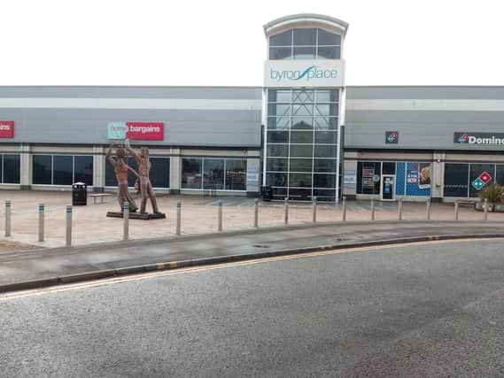 The crossing point at South Terrace, where people can usually move between Church Street, Byron Place Shopping Centre and nearby cafes, was empty of people today. The wooden statue, by David Gross, was unveiled in 2016 in recognition of Lord Byron and Annabella Millbanke's wedding, held at Seaham Hall in 1815.