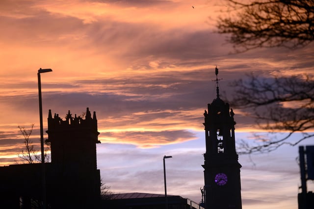 The architecture of South Shields Town Hall is heavily defined by the sunset.
