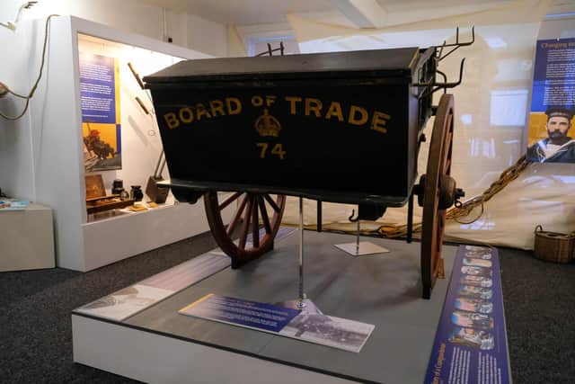 A rocket cart on display at the coastguard history exhibition Guarding the Coast at the National Emergency Services Museum, Sheffield