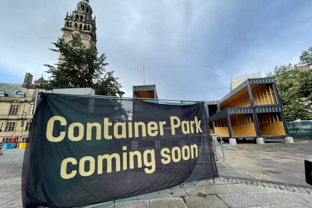 Sheffield Council’s Container Park landed at the top of Fargate today as final finishing touches are made before opening later this month.