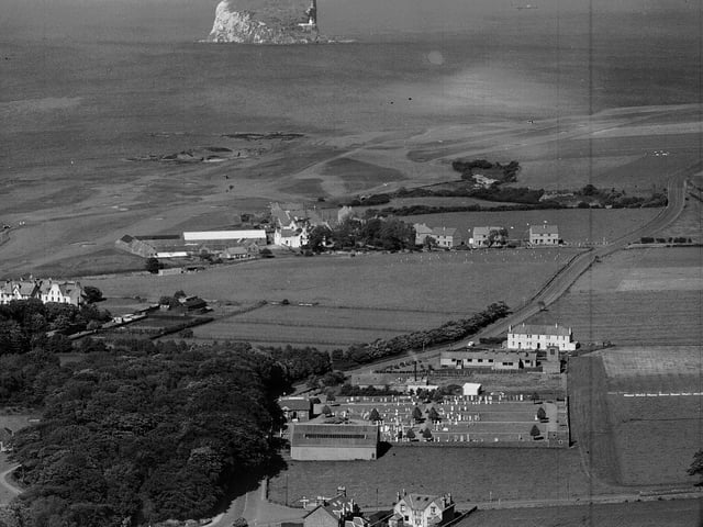 North Berwick harbour from the Law, looking over to the Bass Rock, in June 1957.