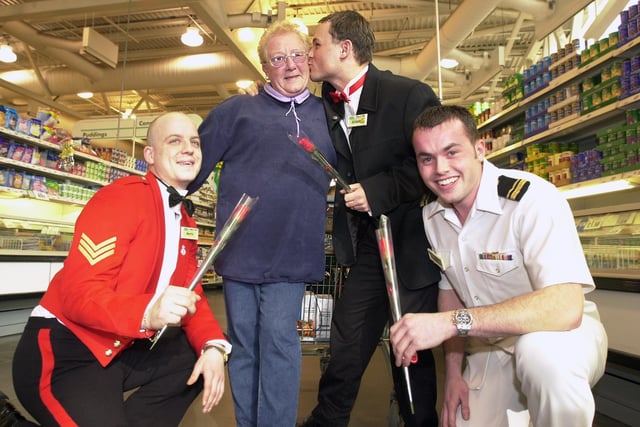 Doncaster Asda staff, Martin Crooks, Richard Terry and Daniel Lighton went all romantic on Asda shopper Maureen Goodlad, of Harworth in 2001, as she shopped at the Bawtry Road store on Valentine's Day.