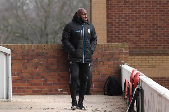BARNSLEY, ENGLAND - MARCH 20: Darren Moore, Manager of Sheffield Wednesday looks on prior to the Sky Bet Championship match between Barnsley and Sheffield Wednesday at Oakwell Stadium on March 20, 2021 in Barnsley, England. Sporting stadiums around the UK remain under strict restrictions due to the Coronavirus Pandemic as Government social distancing laws prohibit fans inside venues resulting in games being played behind closed doors. (Photo by Ross Kinnaird/Getty Images)