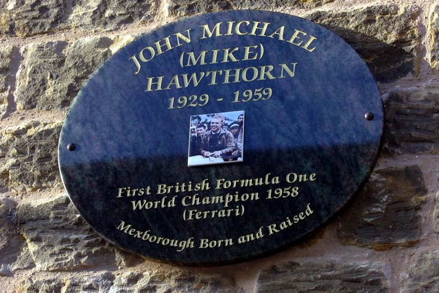 Mike Hawthornes plaque at Mexborough remembering him as the first British Formula One World Champion