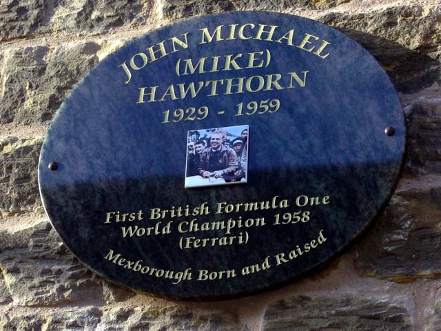 Mike Hawthornes plaque at Mexborough remembering him as the first British Formula One World Champion