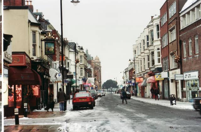 A snowy day in Osborne Road in 1998 - you can see the Christmas decorations lining the street. They look a lot different from the type of lights favoured over the festive period in the current day and age.