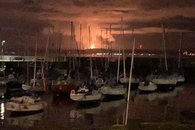 The view of Mossmorran chemical plant flaring from Fisherrow Harbour. Pic: David Lee.