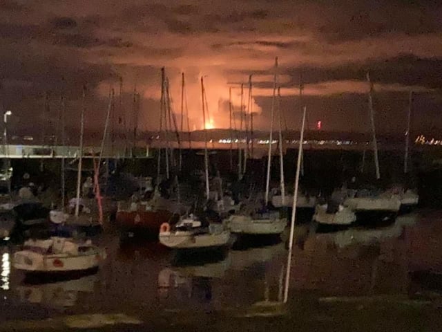 The view of Mossmorran chemical plant flaring from Fisherrow Harbour. Pic: David Lee.