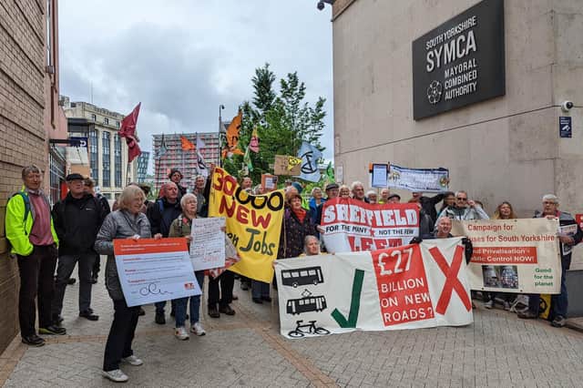 Better Buses for South Yorkshire campaigners outside South Yorkshire Mayoral Combined Authority. Campaigners said the number of bus passengers dropped by more than 75 per cent in South Yorkshire since privatisation 36 years ago, according to a Freedom of Information request.