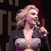 Rotherham-raised Rebecca Lucy Taylor stunned audiences at Glastonbury with a Madonna-esque conical corset modelled after Meadowhalll Shopping Centre. Image by BBC.