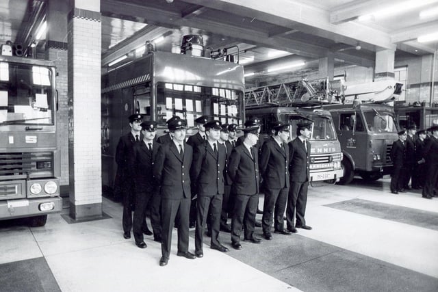 Sheffield Firemen on parade at the Division Street fire station for the last time before closure, February 1988
