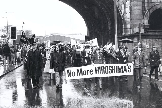 Anti nuclear protesters march down the Wicker, in Sheffield, March 17, 1981