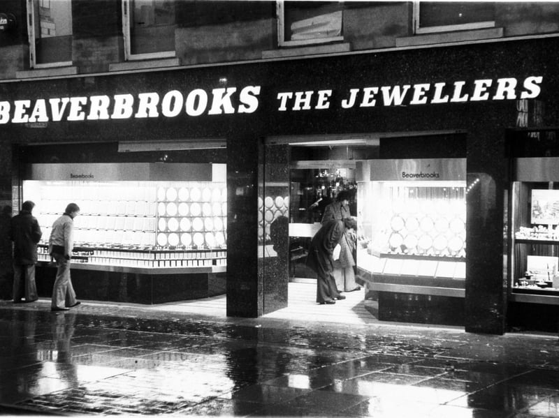 Late-night shopping at Beaverbrooks jewellers in Leeds city centre in November 1975