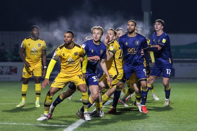 Letting off steam - Stags players amid the heat of battle in the cold night air at Sutton awaiting a free kick.