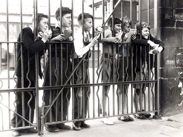 Young train spotters at Sheffield Midland Station, on September 11, 1953