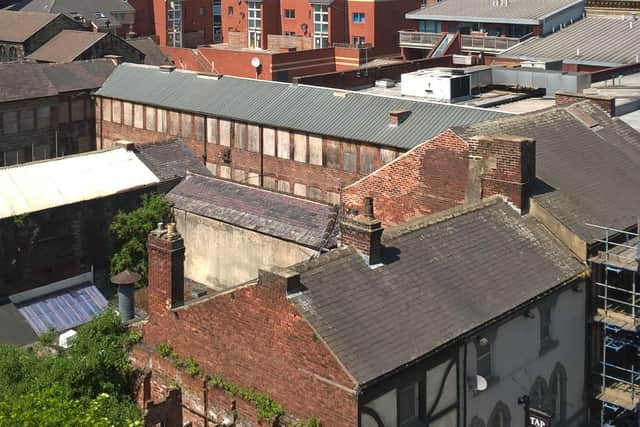 Looking down on Leah's Yard and the Sportsman pub on Cambridge Street