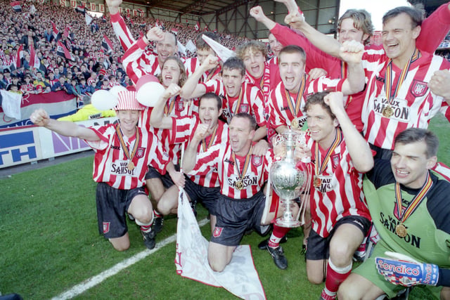 Sunderland players with the First Division Championship trophy in April 1996.