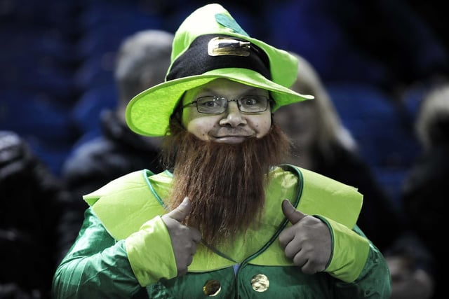 An Owls fan at Hillsborough Stadium, Sheffield, dressed up for St Patrick's Day in March 2017