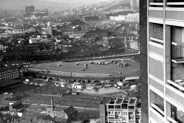 In April 1979, a young girl, Lisa Dean, was tragically killed when a television set fell on her head at Sheffield's Hyde Park flats. This photo taken in 1965 shows the view of Sheffield Canal Basin from Hyde Park flats.