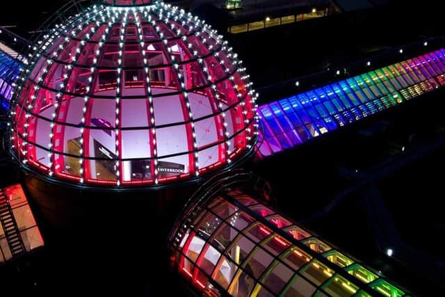 Meadowhall shopping centre in Sheffield is illuminated in rainbow colours in tribute to key workers (pic: Meadowhall)