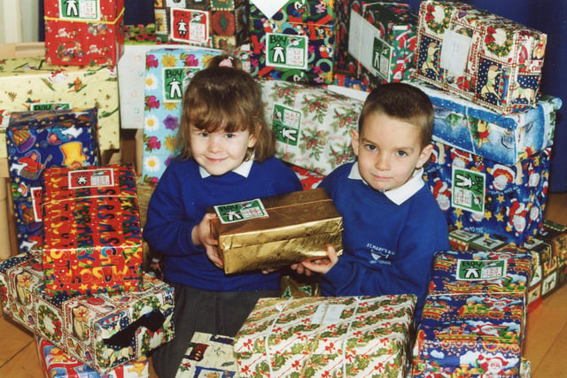 Students at St Mary's RC Primary New Mills collecting presents for Operation Christmas Child in 2000