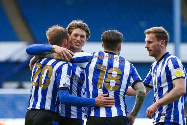 Sheffield Wednesday's Jordan Rhodes (left) celebrates scoring their side's fourth goal of the game during the Sky Bet Championship match at Hillsborough, Sheffield. Picture: Isaac Parkin/PA Wire.