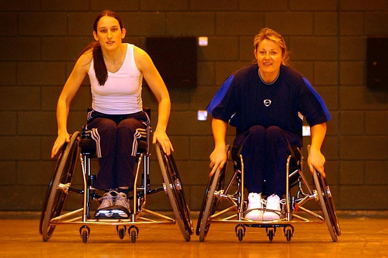 Eve Baross and Jill Fox, right, members of the GB wheelchair basketball team, who were off to Athens to compete in the Paralympics there in 2004