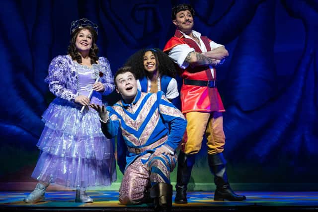 Jennie Dale (Cupid), Max Fulham (Phillipe Fillop), Bessy Ewa (Belle), Duncan James (Danton) in Beauty and the Beast. Photo by Sam Taylor.