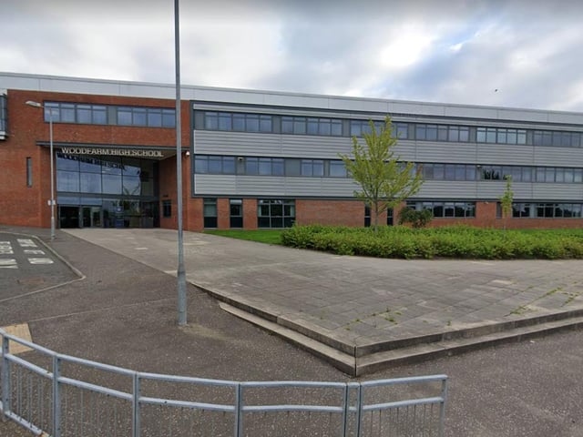 Woodfarm High School in East Renfrewshire is in seventeenth place with 61 per cent of its pupils achieving five Highers