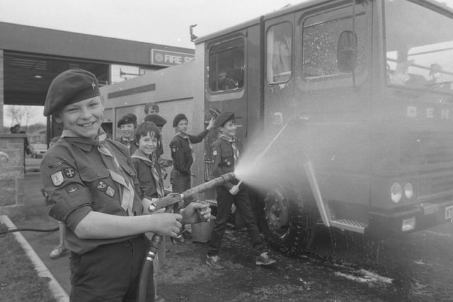 Boys from the first Sunderland Offerton Scout Group got on with the task of cleaning down one of Grindon Fire Station's fire engines 36 years ago.
