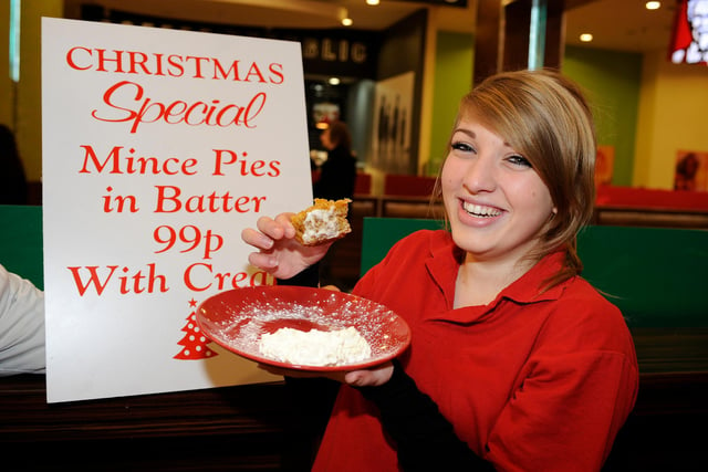 Alicia Job, 17, from Doncaster with a battered mince pie in 2010