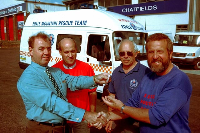 Pictured at Chatfields LDC Dealership, Orgreave Drive, Handsworth, where the Edale Mountain Rescue team took delivery of their new van in 1998. Seen LtoR are, Terry Colton Van Sale Manager who handed over the keys, Andy Cass Vice Chair Edale Maountain Rescue, Adrian Bacon In charge of Fund raising, and Tony Hood Chairman of  the Edale Mountain Rescue