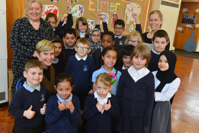 A good Ofsted report for Laygate Community School in 2018 and head teacher Michelle Lauder celebrated with governors and children. Can you spot someone you know?