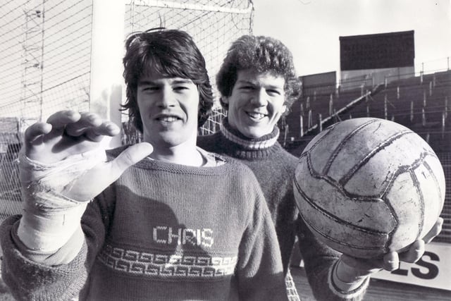 Goalkeepers Chris Turner - sporting a jumper emblazoned with his name - and Bob Bolder at Christmas 1977.