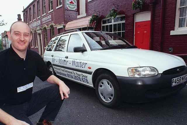 Mr. Motor-Waiter, Andrew Wallis, pictured outside the El Sombrero Restaurant, Regent Terrace, Sheffield, July 1999