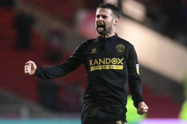 Oliver Norwood of Sheffield United celebrates victory at Bristol City on Tuesday night: Ashley Crowden / Sportimage
