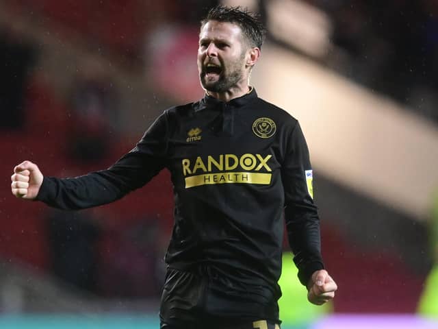 Oliver Norwood of Sheffield United celebrates victory at Bristol City on Tuesday night: Ashley Crowden / Sportimage