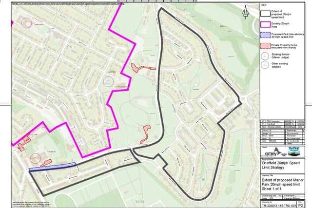 A Sheffield City Council map showing the area of Manor Park where a 20mph speed limit has just been confirmed, following a trial period