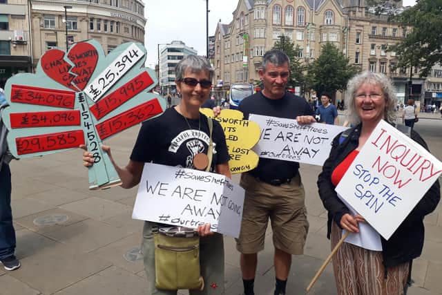 Street tree campaigners demonstrating outside the Town Hall in the city centre. Sheffield Council has removed a highly controversial target to fell 17,500 street trees as part of its £2.2 billion PFI contract with Amey.