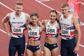 (From L) Britain's Cameron Chalmers, Zoey Clarke, Emily Diamond and Lee Thompson, pose after taking fourth place in the mixed 4x400m relay heats.