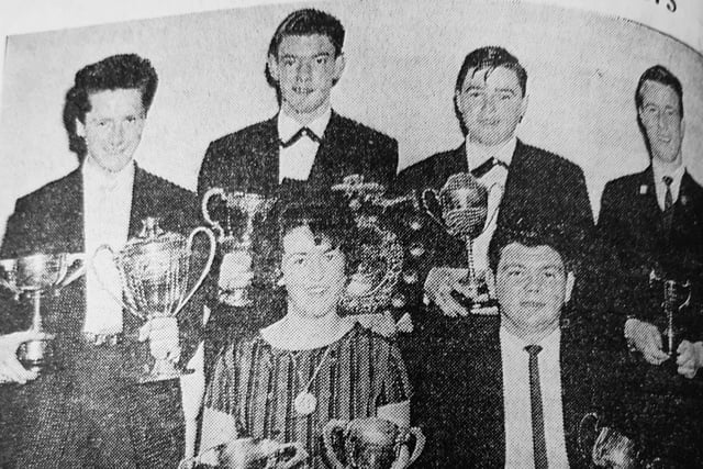 Kirkcaldy & District Swimming Club held its annual presentation in the Philp Hall.
Ben Palmer, Ricky Page, Ronnie Arthur, D. Bogie.
Front:  Miss Ann Bogie and George Sharp